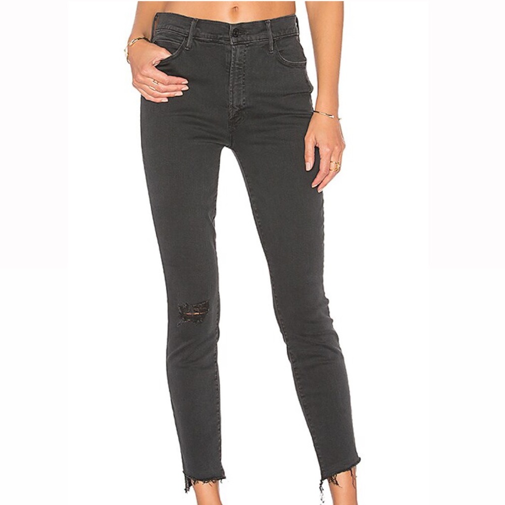 MOTHER gray, straight leg, high-rise knee ripped stretchy jeans